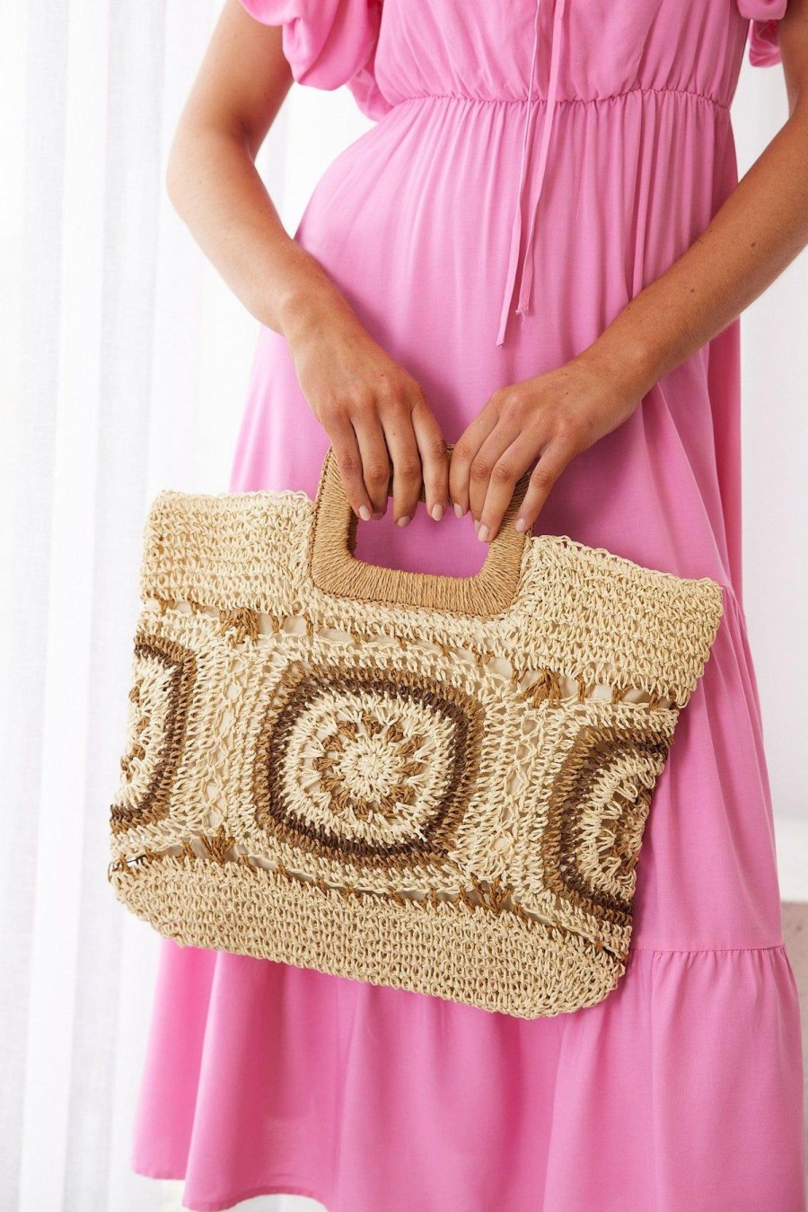 Women Esther & Co Bags | Rylan Crochet Straw Handbag-Tan