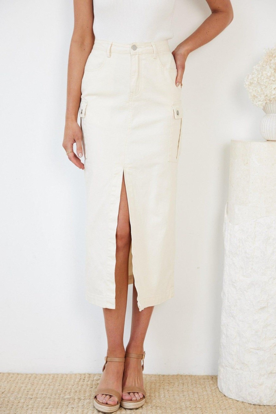 Women Esther & Co Bottoms | Rominne Skirt-Cream Denim