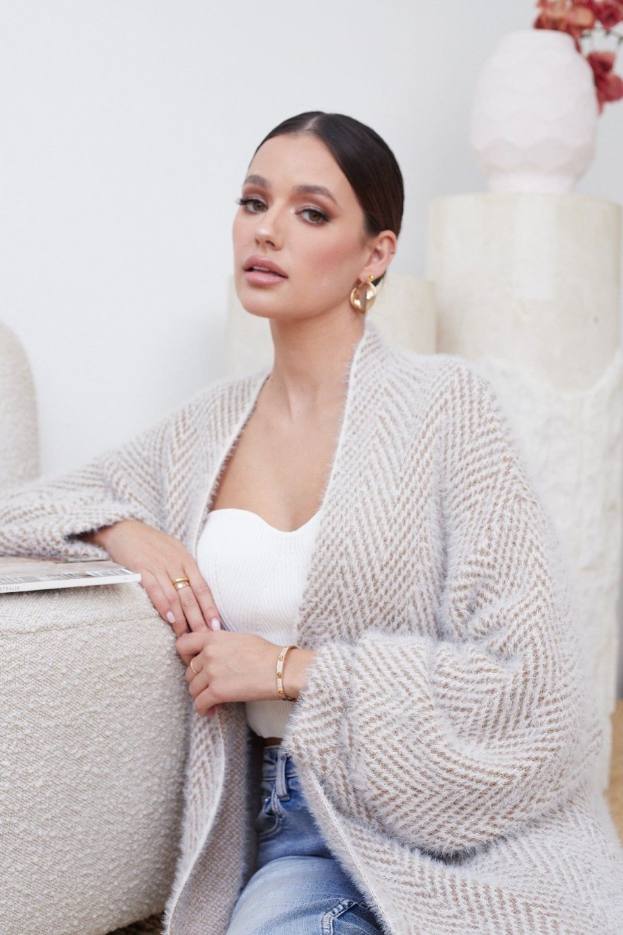 Women Esther & Co Jumpers & Sweaters | Genta Cardigan-Beige Print