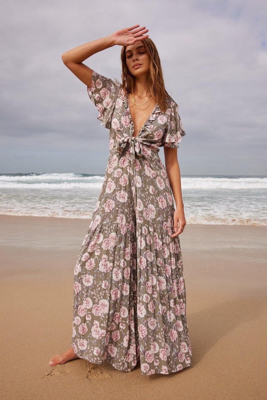 Women Esther & Co Rompers & Jumpsuits | Cereza Jumpsuit-Olive Floral