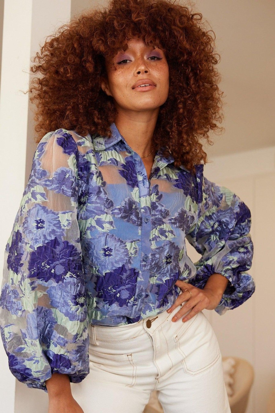 Women Esther & Co Tops | Janette Shirt-Blue Floral