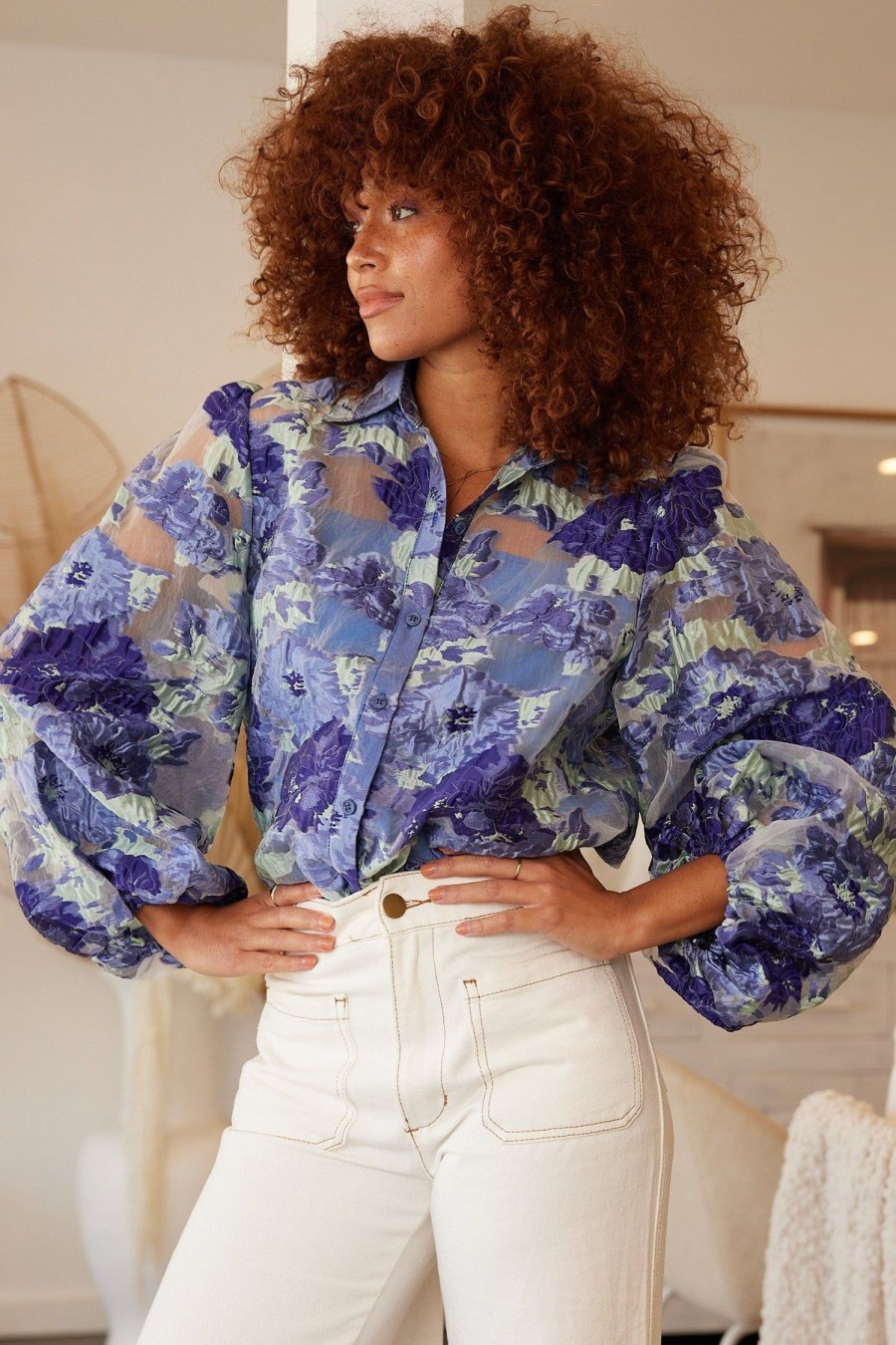 Women Esther & Co Tops | Janette Shirt-Blue Floral