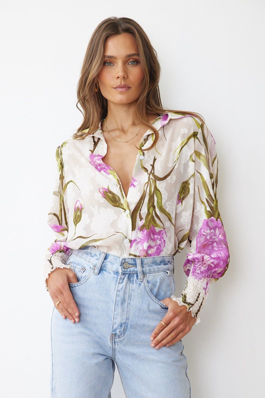 Women Esther & Co Tops | Lizza Shirt-Beige Floral