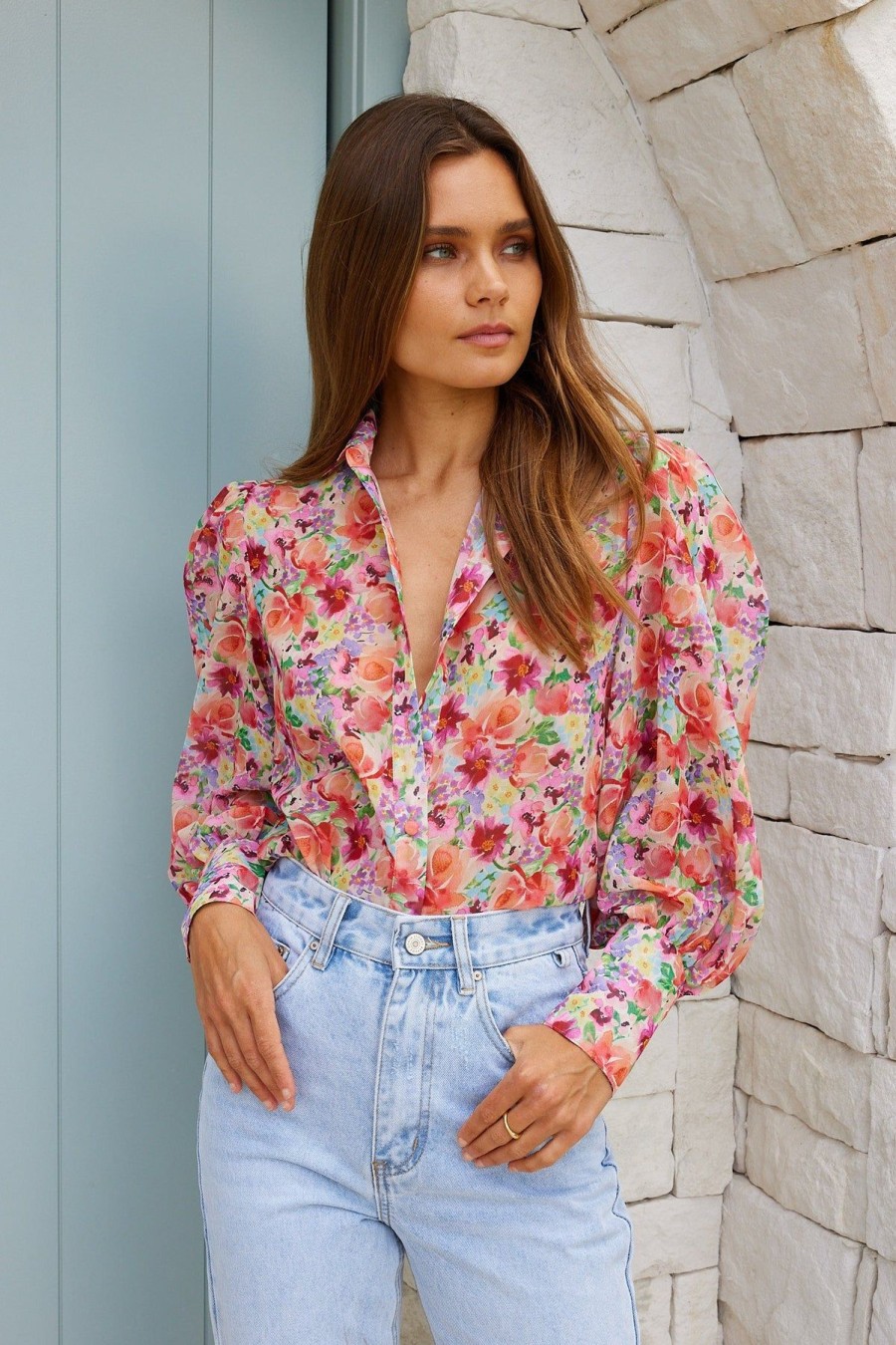 Women Esther & Co Tops | Fleet Blouse-Multi Watercolour