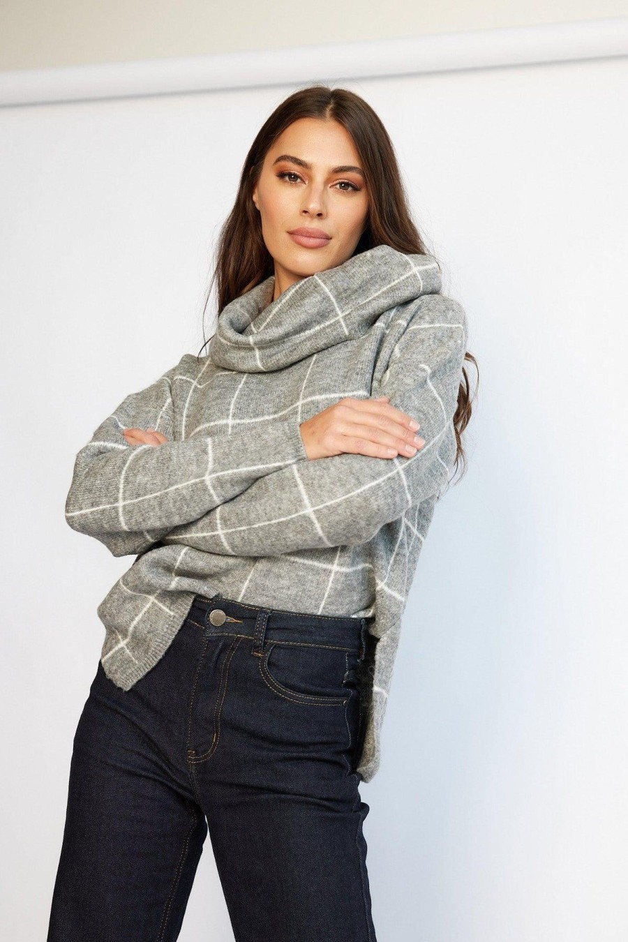 Women Esther & Co Jumpers & Sweaters | Armanda Knit-Grey Check