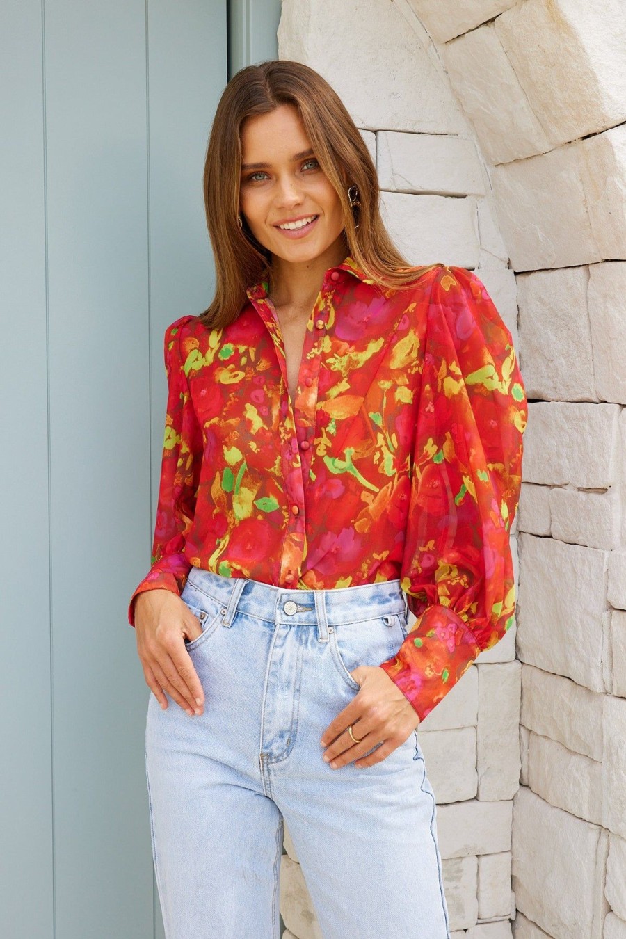 Women Esther & Co Tops | Fleet Blouse-Red Watercolour