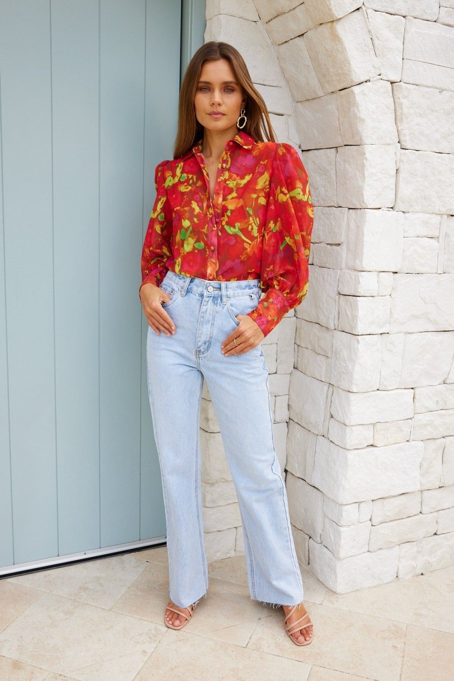 Women Esther & Co Tops | Fleet Blouse-Red Watercolour