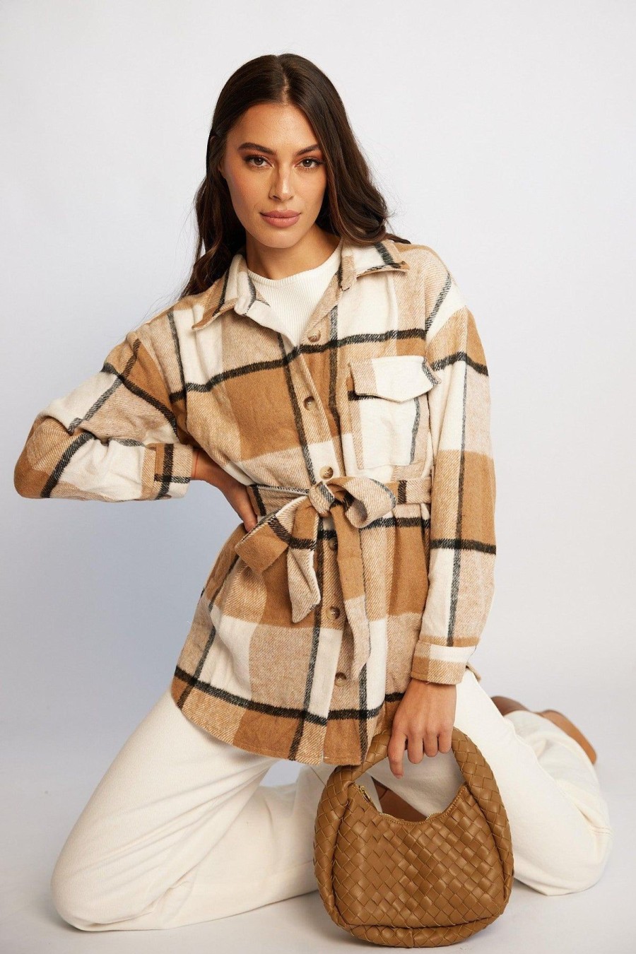 Women Esther & Co Jackets & Coats | Reeva Shirt Jacket-Brown Check