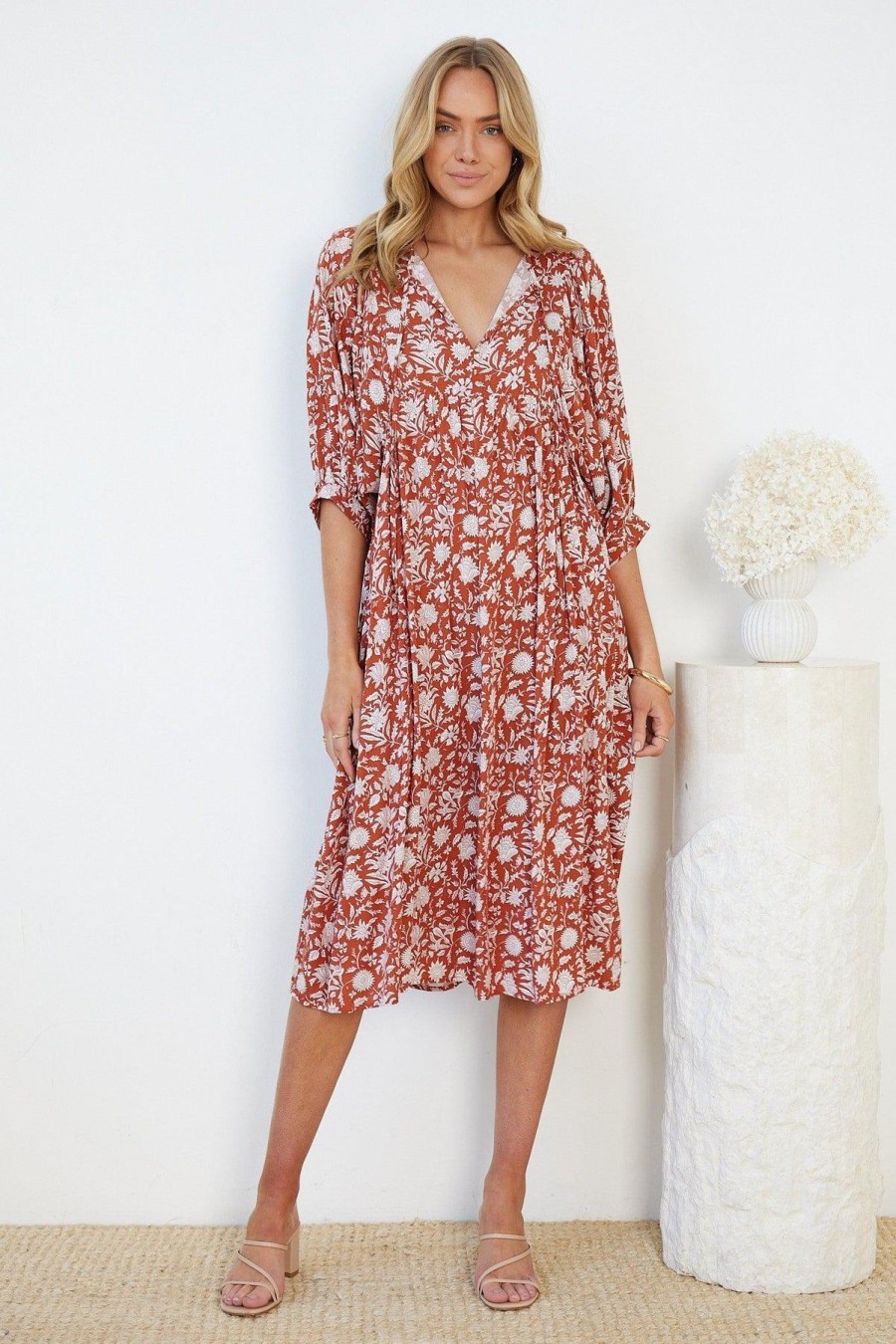 Women Esther & Co Dresses | Yaelle Dress-Rust Floral