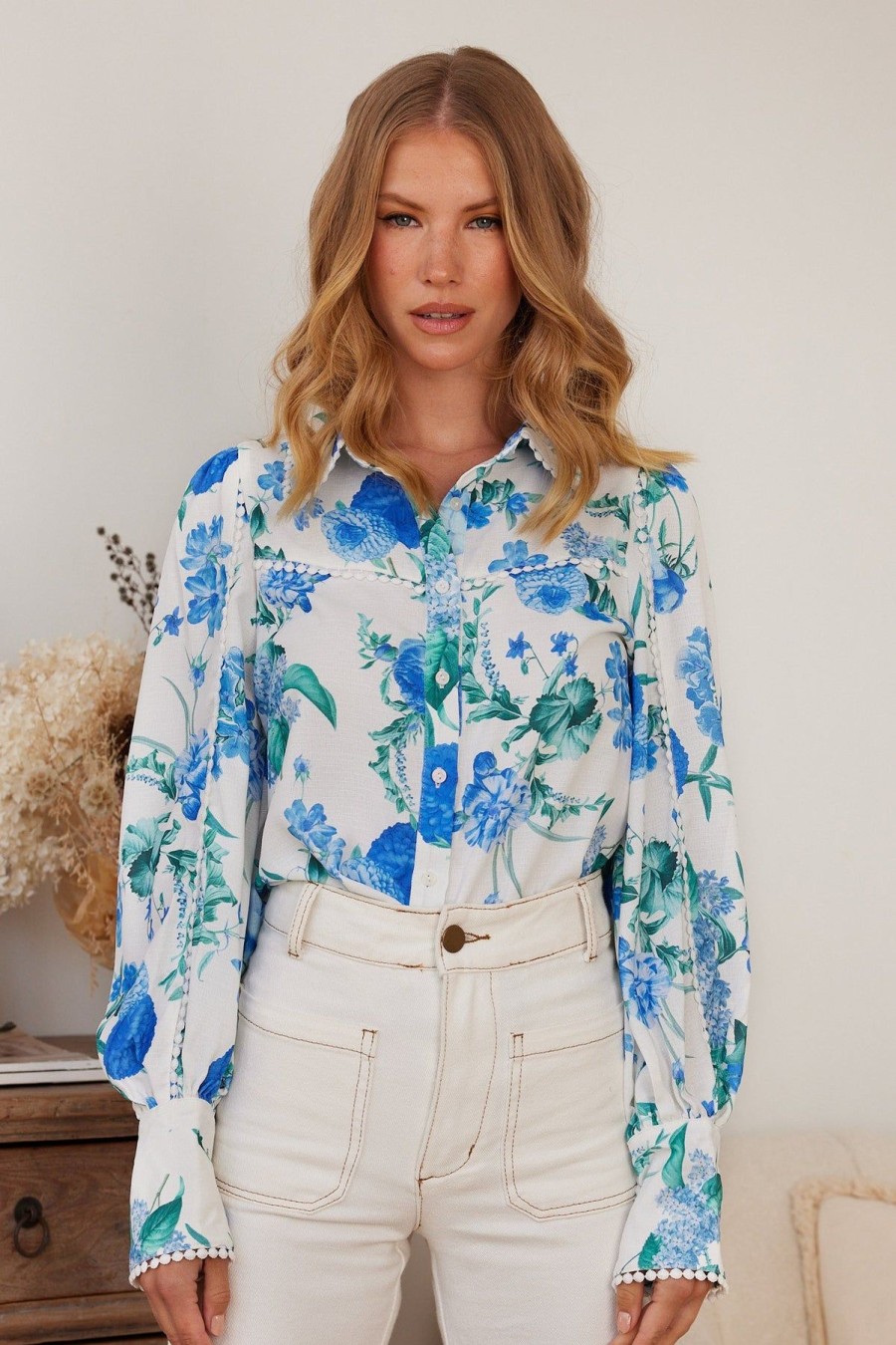 Women Esther & Co Tops | Clerysse Shirt-Blue Floral