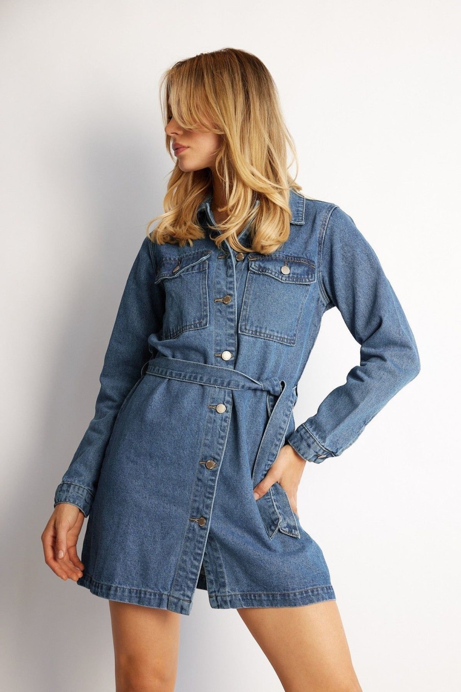 Women Esther & Co Dresses | Arina Dress-Blue Denim